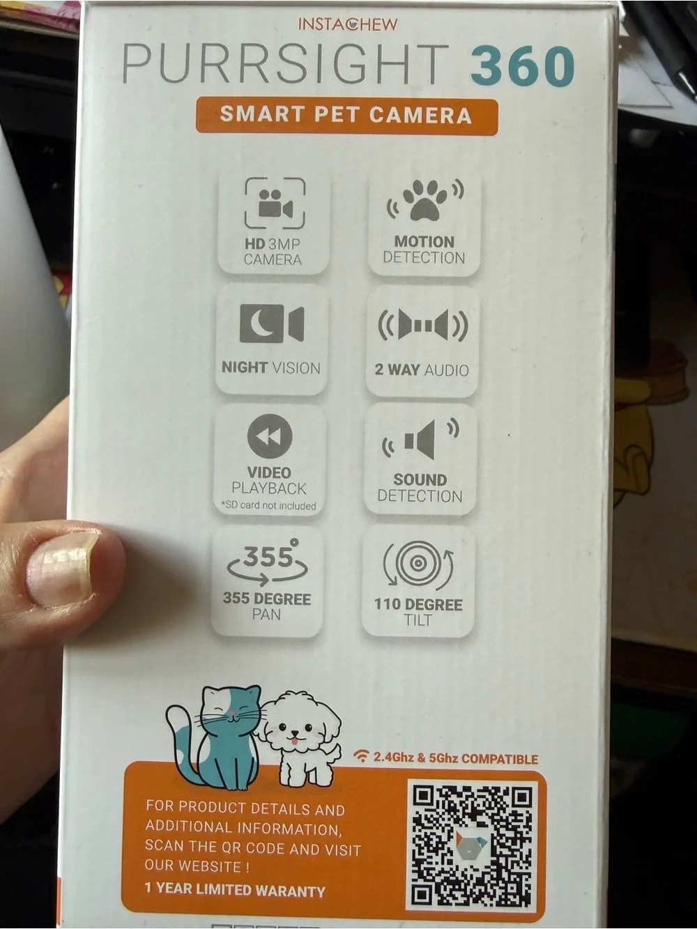 Instachew Purrsight 360° Smart Pet Camera, 1080P HD, Wireless, 2-Way Audio